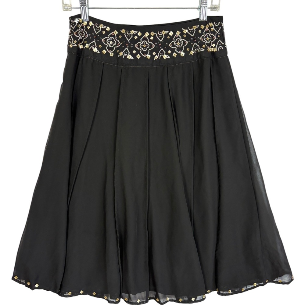 Vtg‎ Black Beaded Chiffon A-Line Pleated Midi Skirt Sz 4 Embellished Whimsigoth